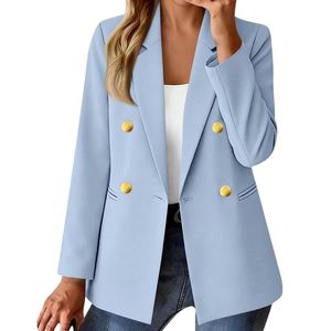 Custom Sky Blue Double Breasted <b>Metal</b> <b>Buttons</b> Women Blazer Peak Lapel Worsted Suiting Formal Evening Gala Longcoats - Product Image 2