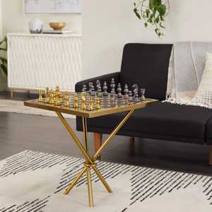 Mesa de ajedrez moderna de metal con marco dorado y tapa de vidrio para sala de estar, mueble decorativo - Product Image 2