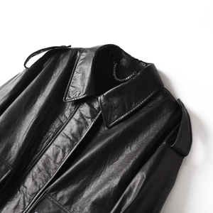 <b>Men</b> Genuine Leather Denim <b>Jacket</b> Turn-down Collar Epaulet Single Button Moto Biker Style Winter Solid Color <b>Short</b> Regular Fit - Product Image 6