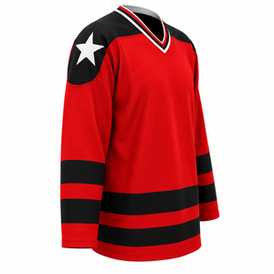 Jersey de Hockey sobre Hielo para Hombre, Rojo y Negro a Rayas, Cuello en V, Manga Larga, Tejido de Poliéster que Absorbe la Humedad - Product Image 3