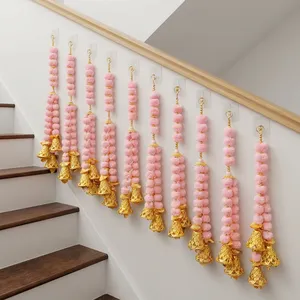<b>Pink</b> Pom Pom Beaded Wind Chime with Metal Bells Hanging Garland Wall <b>Decor</b> Toran Home <b>Decor</b> - Product Image 6