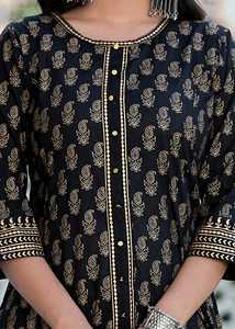 Kurta Anarkali en coton imprimé doré avec dupatta, couleur noire, pour femme, vêtement ethnique d'été pour fêtes et occasions, séchage rapide, recyclé - Product Image 2