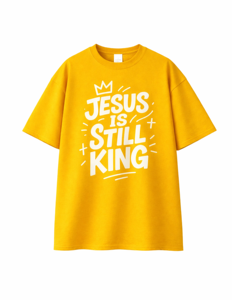 Camiseta de Algodón Grueso de Alta Calidad con Estampado Gráfico 'Jesus Is Still King' para Hombre, Estilo Urbano Cristiano, Hombros Caídos, Color Amarillo - Product Image 2