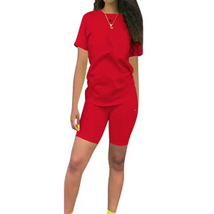 Ensemble deux pièces de luxe pour femme : T-shirt et short de sport décontracté, col rond, survêtement de jogging 100 % coton satiné imperméable - Product Image 1