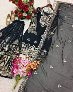 2026 Georgette Sharara Broderie et travail de sequins Luxe Vêtements ethniques Bollywood pour femmes Séchage rapide Mariages Vêtements indiens pakistanais - Product Image 3