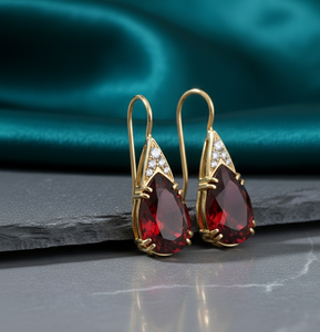 Boucles d'oreilles pendantes imposantes en grenat et zircone cubique, forme poire de 5,5 pouces, pour mariée, en argent sterling 925 plaqué or 18 carats - Product Image 1