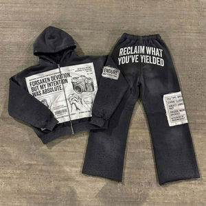 Custom Heavyweight <b>Retro</b> Acid Wash Rhinestone <b>Tracksuit</b> Men Streetwear Vintage Graphic Print Applique Patch Hoodie Set Jogger - Product Image 2