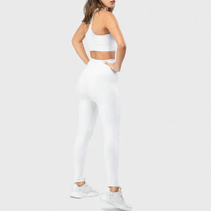 White Seamless Plus Size Yoga Set Racerback Crop <b>Top</b> High Waist Full Length Leggings Two Piece Spandex Polyester Anti-Wrinkle - Product Image 5