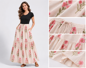 Ensemble jupe longue évasée à volants et haut en coton décontracté pour femme, motif floral, de haute qualité, écologique, style bohème, deux pièces, tenue de détente - Product Image 5
