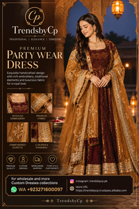 Elegante Vestido Maxi Pakistaní Marrón Dorado para Mujer |   Vestido Anarkali de Fiesta Bordado de Lujo - Product Image 6