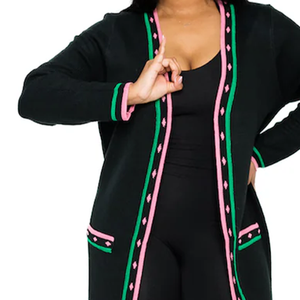 Cardigan long en tricot rose et vert, en laine épaisse/cachemire, avec doublure polaire pour l'hiver, style sororité, ouvert sur le devant, avec poches, coupe ajustée - Product Image 6