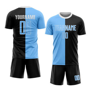 Uniforme de Fútbol Personalizado para Adultos Unisex, Color Negro, Azul Claro y Blanco, Impresión por Transferencia de Calor, Absorbente de Humedad, Servicio OEM para Equipos - Product Image 1