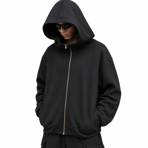 Sweat-shirt à capuche noir zippé en molleton de coton, coupe oversize décontractée, couleur unie, style tricoté, idéal pour l'automne - Product Image 1
