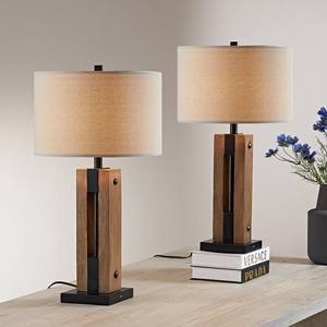 Modern Wooden <b>Bedside</b> <b>Table</b> Fabric Drum Shade <b>LED</b> Eco-Friendly Eye Caring Light Ra80 3000K-6000K Color Temp Bedroom Living Room - Product Image 2