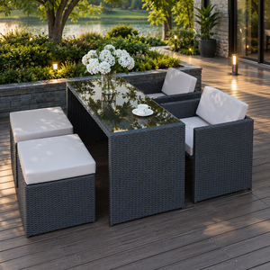 Juego de Café de Ratán con Mesa de Vidrio Templado, Diseño Moderno para Jardín, Patio y Espacios de Relajación en el Patio Trasero - Product Image 2