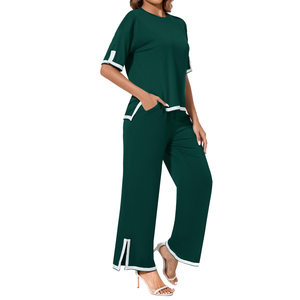 Ensemble de survêtement décontracté 2 pièces pour femme, motif uni, avec pantalon assorti, idéal pour l'été et les voyages, collection 2026 - Product Image 1