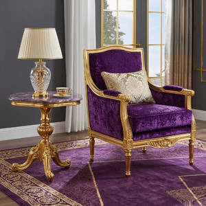 Fauteuil classique de luxe avec table d'appoint, structure en bois massif sculpté, <span class=keywords><strong>chaise</strong></span> d'appoint rembourrée pour projets de villas, hôtels et salons - Product Image 1