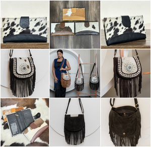 Conjunto de 2 piezas a juego al por mayor: Bolso bandolera de cuero genuino de vaca con flecos y cartera de cuero con pelo, estilo bohemio occidental. - Product Image 3