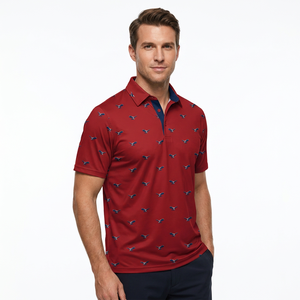 Polo à manches courtes rouge pour homme avec imprimé, tissu tricoté respirant, style décontracté - Product Image 5