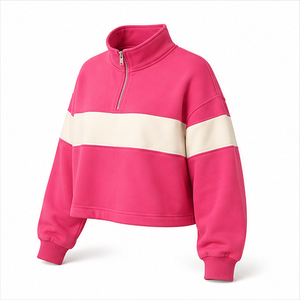 Sudadera Corta Personalizada Rosa Palo para Mujer, Estilo Urbano, con Media Cremallera, de Felpa Francesa WHZCROP-0010 - Product Image 2