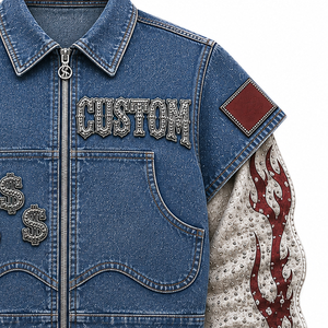 Custom <b>Denim</b> Zip Up <b>Jacket</b> Flame Sleeve Street Wear Casual Fashion <b>Cropped</b> Outerwear For Women And Unisex Wear - Product Image 3