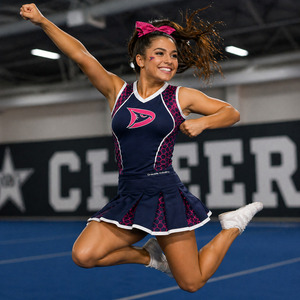 Wholesale Sublimated Cheerleading Uniform Custom Pink Hexagon Design Women's Teamwear Outfit & Pleated <b>Skirt</b> - Product Image 4