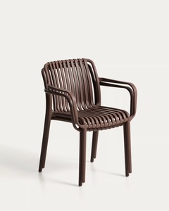 Chaise de salle à manger d'extérieur en métal moderne, design minimaliste, accoudoirs empilables, finition marron - Product Image 2