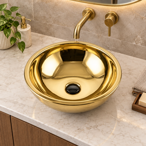 Lavabo sur comptoir moderne rond en laiton doré poli avec drain noir, vasque de luxe pour salle de bain, équipement sanitaire pour hôtel - Product Image 4