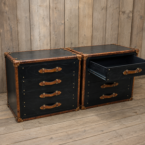 Vintage Black Leather Trunk <b>Drawer</b> Cabinet Antique <b>Storage</b> Chest Brass Hardware Wooden Sideboard Furniture Home Decor - Product Image 4