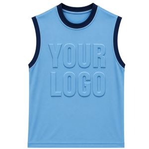 Camiseta sin mangas azul cielo y azul marino con diseño de tu logotipo en relieve, chaleco de algodón personalizado para hombre, top de moda casual de verano para la calle. - Product Image 1