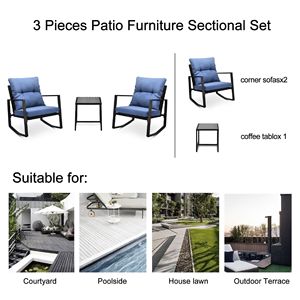 Set Bistrot da Esterno a 3 Pezzi con Cuscini Blu, Sedia a Dondolo per Giardino, Cortile e Bordo Piscina - Product Image 4