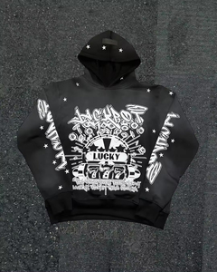 Sudadera con capucha y pantalones de chándal personalizados negros, con cremallera completa, estilo vintage, con efecto desgastado, bordados, lavado ácido y a la piedra, de poliéster/algodón, con forro polar y corte acampanado. - Product Image 2