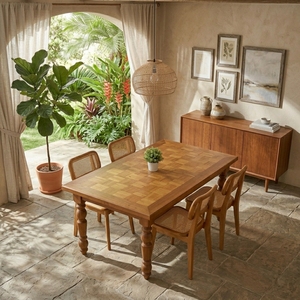 Ensemble de table à manger en teck massif avec pieds tournés, rectangulaire, style vintage français, meubles de cuisine, ensemble de salle à manger en chêne naturel chaud - Product Image 2