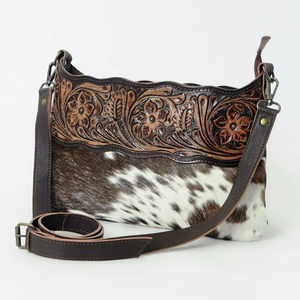 Western Cowhide Leather Crossbody Bag for Women Hand Tooled Floral Hair-On Hide Boho <b>Purse</b> Adjustable Strap - Product Image 1