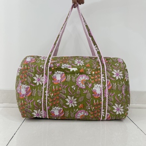 <b>Large</b> Cotton Durable Portable Overnight <b>Bag</b> for <b>Women</b> Floral Quilted Duffle Zipper Handmade Block Printed <b>Weekender</b> Travel Hand - Product Image 2