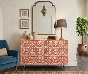 Commode à 9 tiroirs style méditerranéen avec incrustations en os et motifs géométriques, meuble de rangement moderne pour salon, provenance Inde - Product Image 1