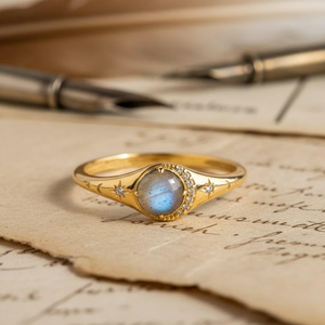 Bague de luxe en argent sterling 925 plaqué or 18 carats avec labradorite naturelle sertie clos, motif croissant de lune et étoile, pour femme chrétienne - Product Image 1