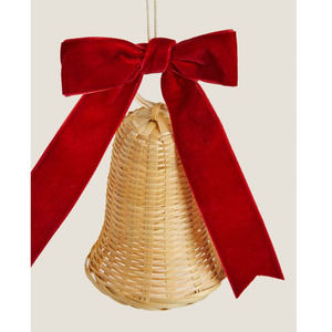 Campana Navideña Decorativa de Ratán Rústico Directo de Fábrica con Lazo de Terciopelo Rojo y Anilla para Colgar - Product Image 3