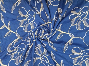 Bulk Supply Royal Blue Cotton Fabric with Cream Rose and Vine Dori Embroidery 3D <b>Cord</b> Work for Designer Apparel and Home Decor - Product Image 3