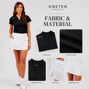 ONETEN Women's Performance Golf Set <b>Black</b> V-Neck <b>Short</b> <b>Sleeve</b> <b>Top</b> White Knee Skort Athletic Fit Sporty Casual Outfit One Set - Product Image 2