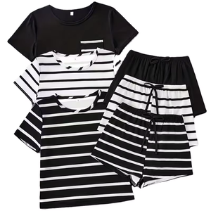 Striped Print Casual Women's Infant Pajama Set Short Sleeve TEE Shorts ODM Cotton Fall Winter Outdoor Clothes Bangladesh - Product Image 1