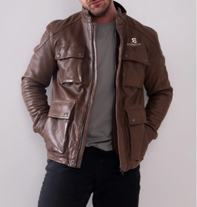 <b>Men's</b> Genuine <b>Leather</b> <b>Jacket</b> Classic Winter Slim Fit Casual Bomber Coat High Street Fashion Brown <b>Sheepskin</b> Zipper Front - Product Image 1