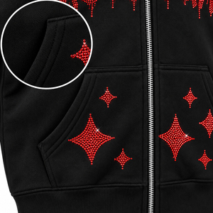 Sudadera con capucha personalizada para hombre, negra, con gráfico de diamantes de imitación, con cremallera, de algodón grueso, corte holgado, estilo urbano, con forro polar. - Product Image 5