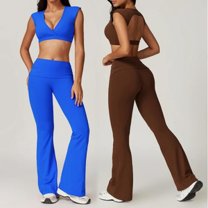 High Waist Yoga Set With Deep V Neck Crop Top And Full Length <b>Flared</b> <b>Leggings</b> Seamless Four-Way Stretch Solid Color Sport Wear - Product Image 6