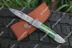 Navaja de bolsillo plegable de acero de Damasco hecha a mano con mango de madera grabado, EDC táctica de supervivencia, DIY, ODM, personalizada - Product Image 6