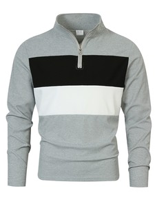Polo de Manga Larga para Hombre, Diseño Color Block, Tejido Transpirable, Cierre de Cremallera, Rayas Blancas, Grises y Negras, Corte Regular - Product Image 4