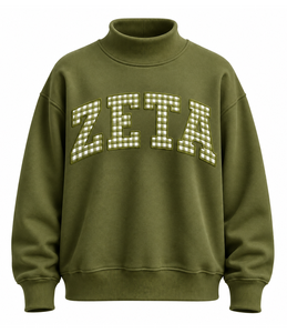 Custom <b>Women</b>’s Cotton <b>Fleece</b> Mock Neck Sweatshirt <b>Navy</b> Gingham Letter Applique Oversized Winter Casual Streetwear Pullover - Product Image 6