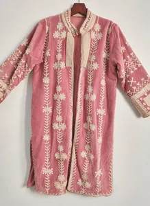Chaqueta Larga de Terciopelo Rosa Vintage para Mujer, Estilo Suzani, Bordado Floral, Bohemio, Manga Larga, Cuello Alto, Ropa de Abrigo de Invierno - Product Image 6