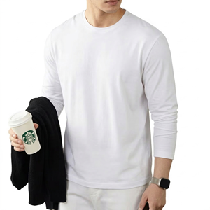 T-shirt blanc uni à manches longues pour homme avec logo personnalisé, en coton biologique respirant, col rond, tee-shirt de sport pour l'entraînement - Product Image 2