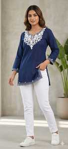 Fancy Women Wear Blue Embroidered Cotton Short Kurtis Loose Fit Midi Traditional Indian Pakistani Casual <b>Top</b> Tunic Collections - Product Image 2